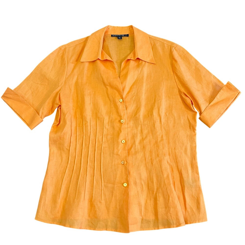 Lafayette‎ 148 New York Linen Blouse Womens 14 Orange Pintuck Pleated Career